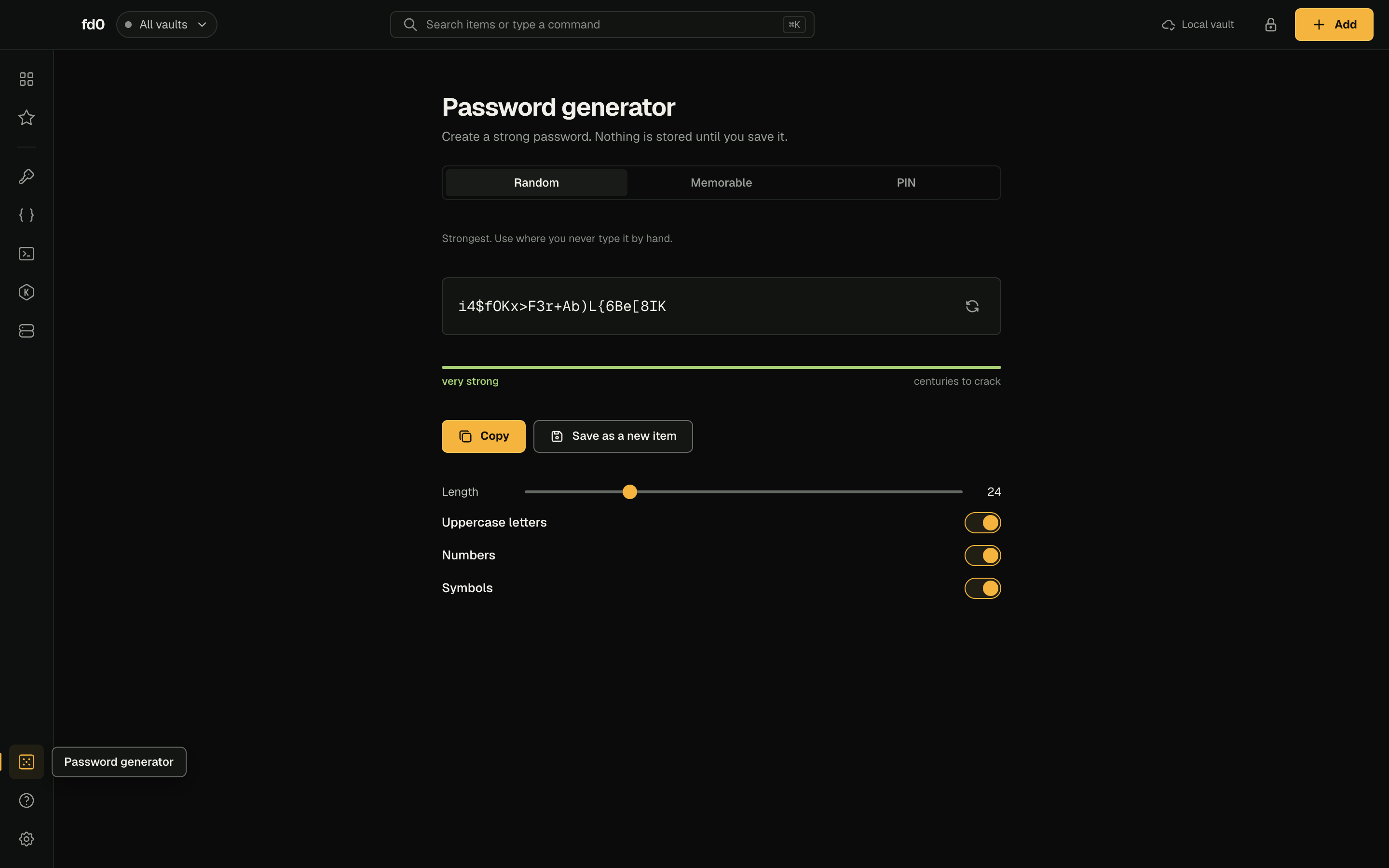 The fd0 Desktop password generator with a random password and a strength read-out.