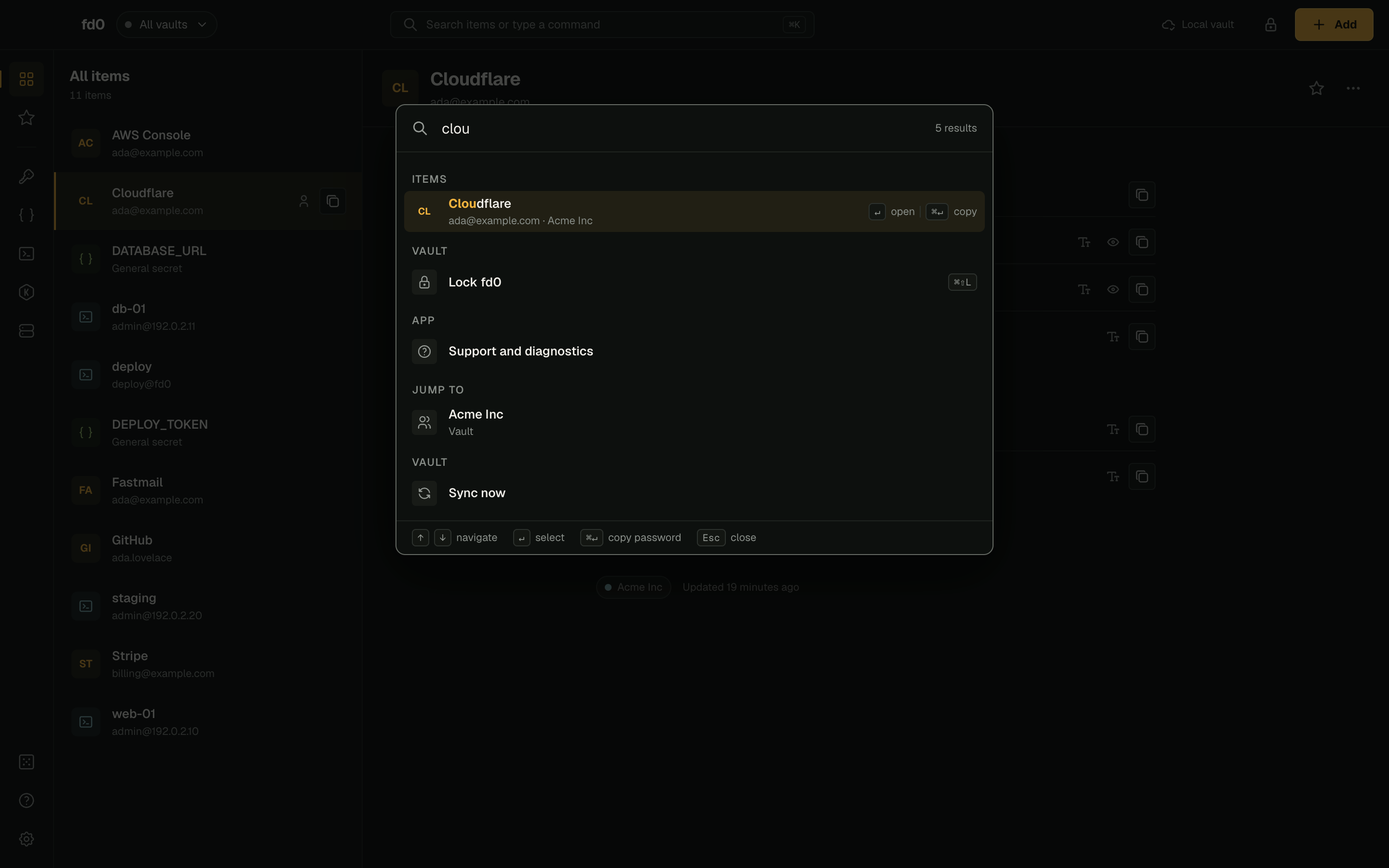 The fd0 Desktop command palette open over the vault, filtered to Cloudflare, offering open and copy.
