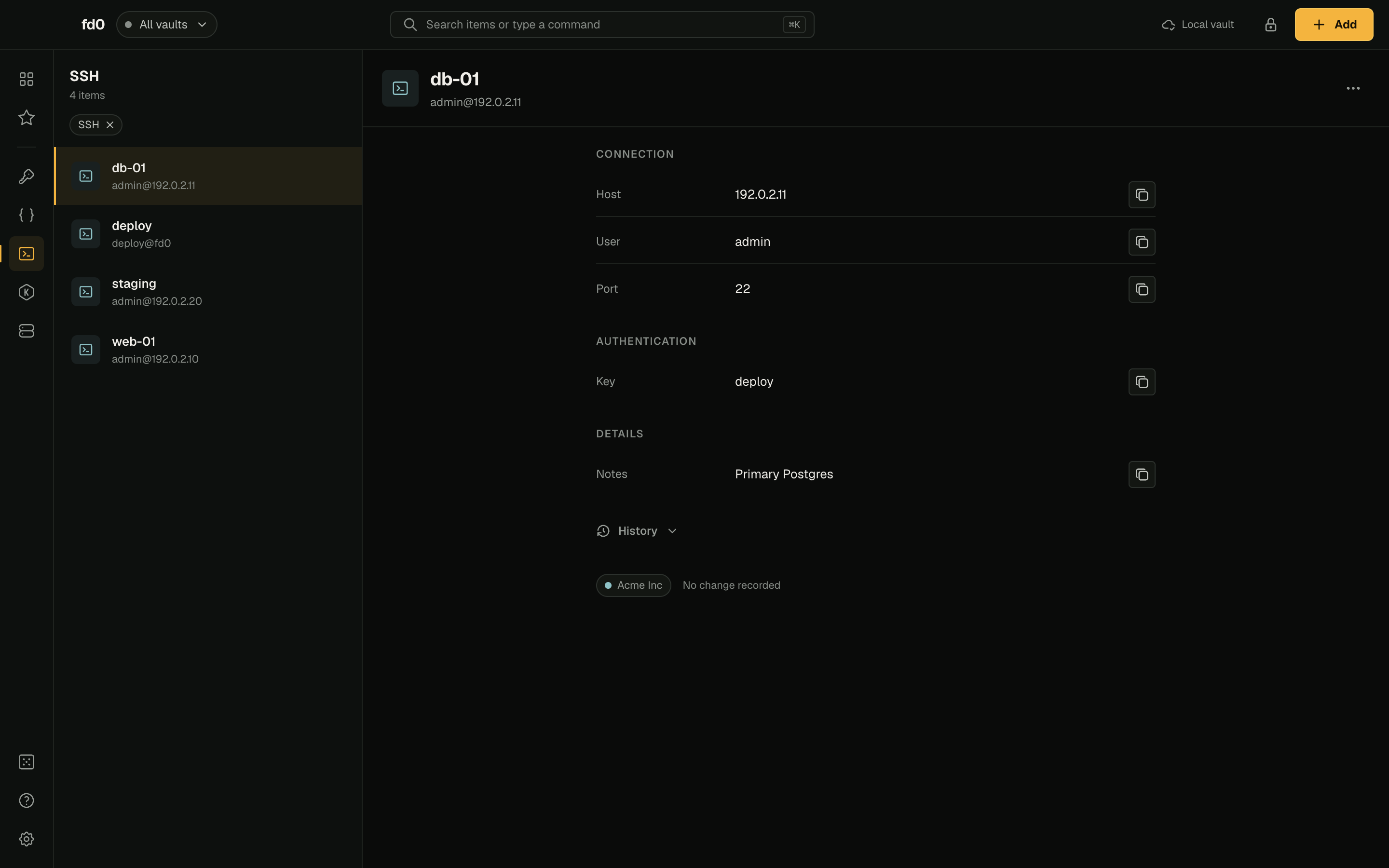 fd0 Desktop showing an SSH host with its hostname, user, port and bound key.