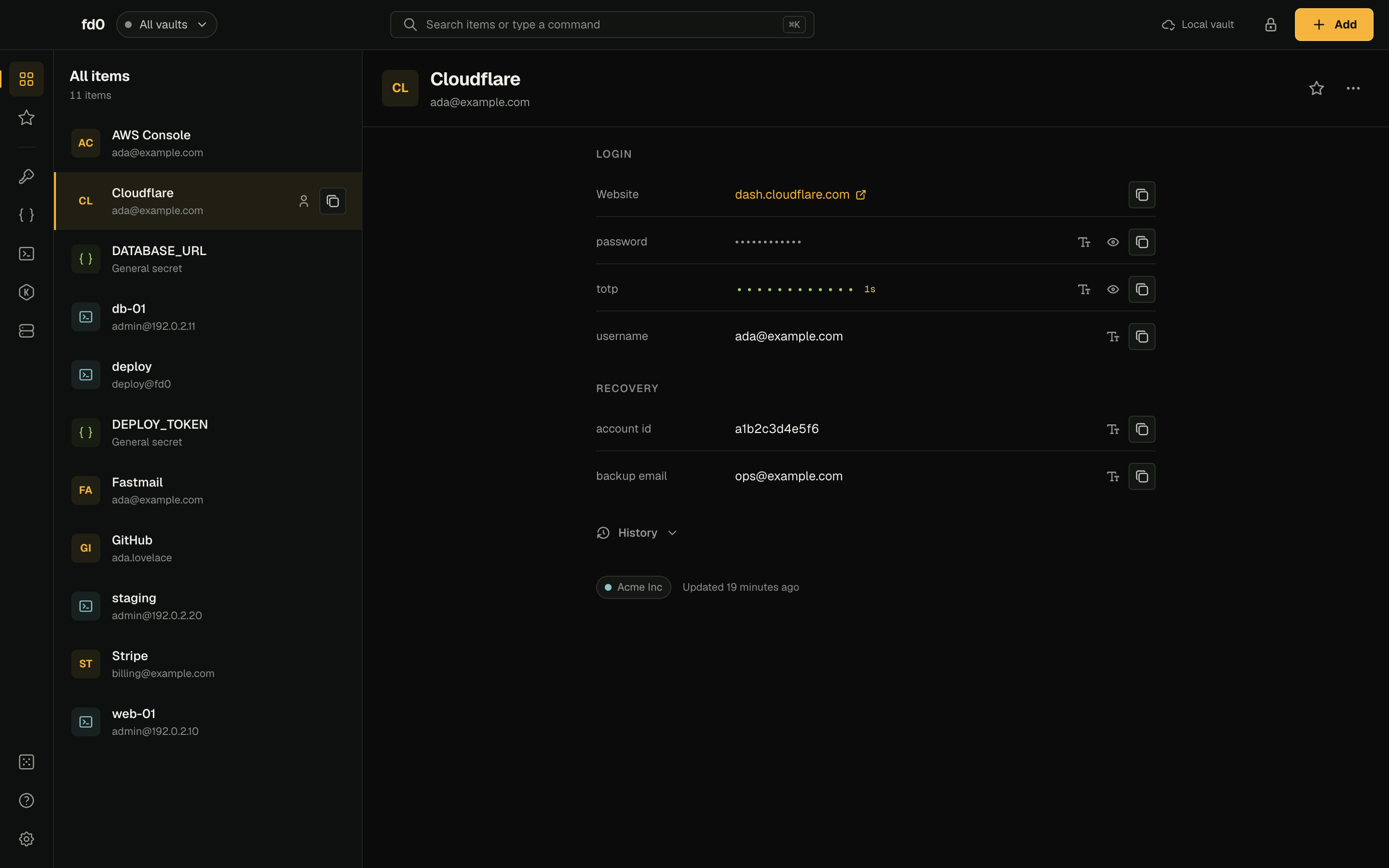fd0 Desktop showing the item list beside an open Cloudflare login with its login fields, a one-time code and a recovery section.